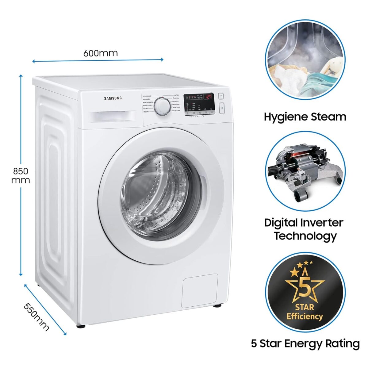 Samsung 7 Kg 5 Star Inverter Fully Automatic Front Load Washing Machine Appliance (WW70T4020CX1TL Inox, In-Built Heater)