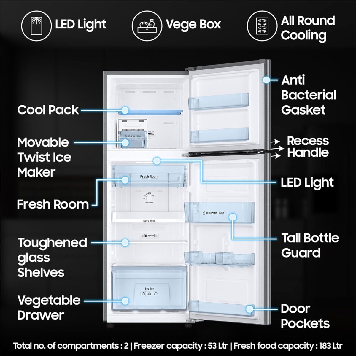 Samsung 236 L, 3 Star, Digital Inverter, Frost Free Double Door Refrigerator (RT28C3053S8/HL, Silver, Elegant Inox, 2024 Model) - Image 2